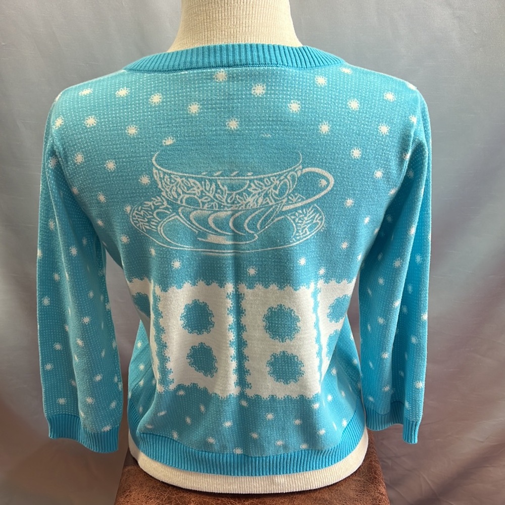 Aqua Anthropologie Knitted Dove Cardigan Sweater with Turtle Dove Teacup Size M